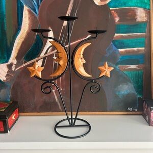 Vtg 90s Moon and Star Black Metal Candle Holder